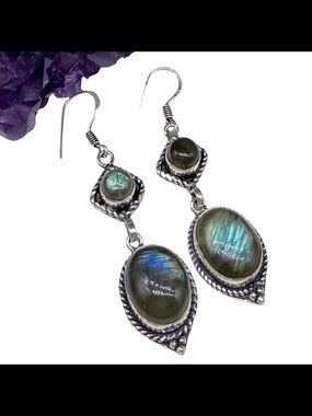 Labradorite Earrings Natural Stone Sterling Silver 925 Dangle Drop